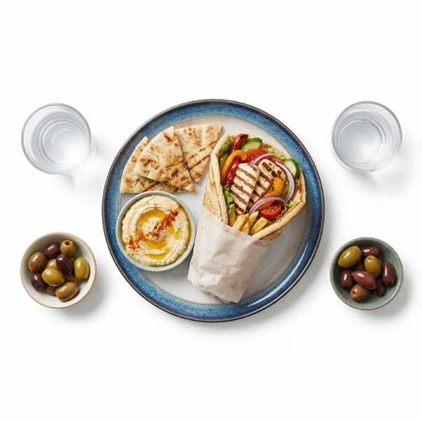 Grilled Halloumi & Roasted Pepper Gyro with Toasted Pita & Hummus